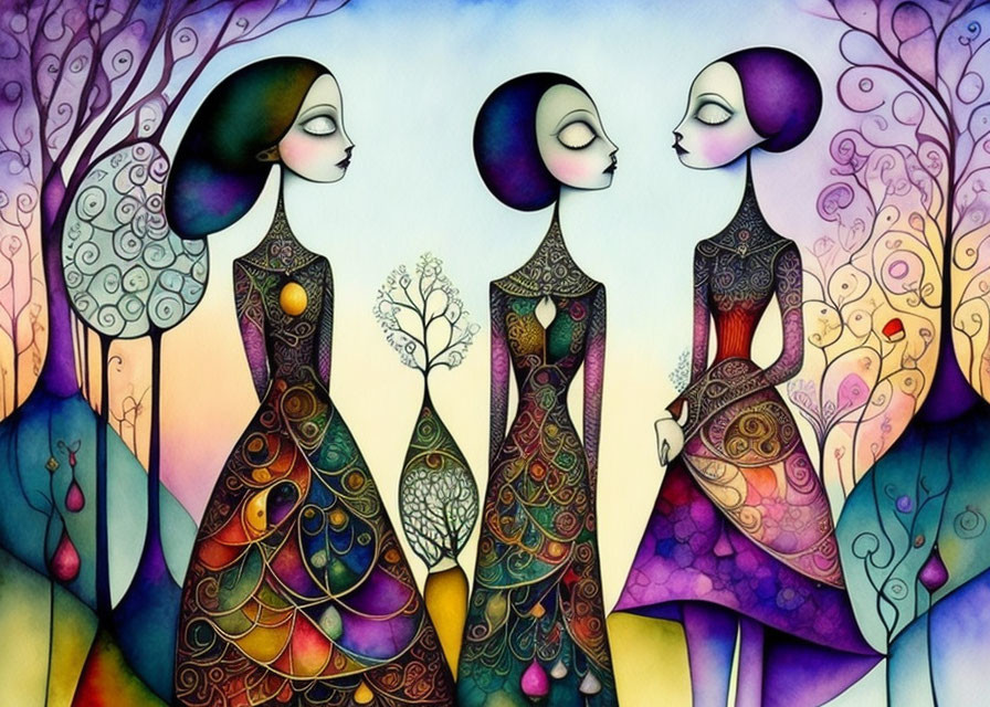 Elongated female figures in ornate dresses among whimsical trees