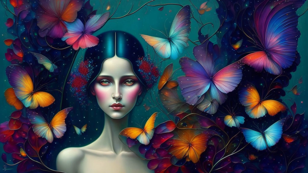 Vibrant surreal illustration of woman with blue hair and butterflies