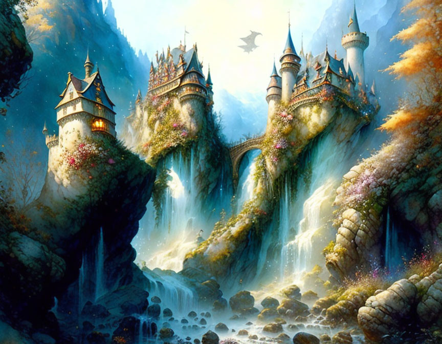 Fantastical castle with spires on rocky outcrop, waterfalls, lush greenery, bird