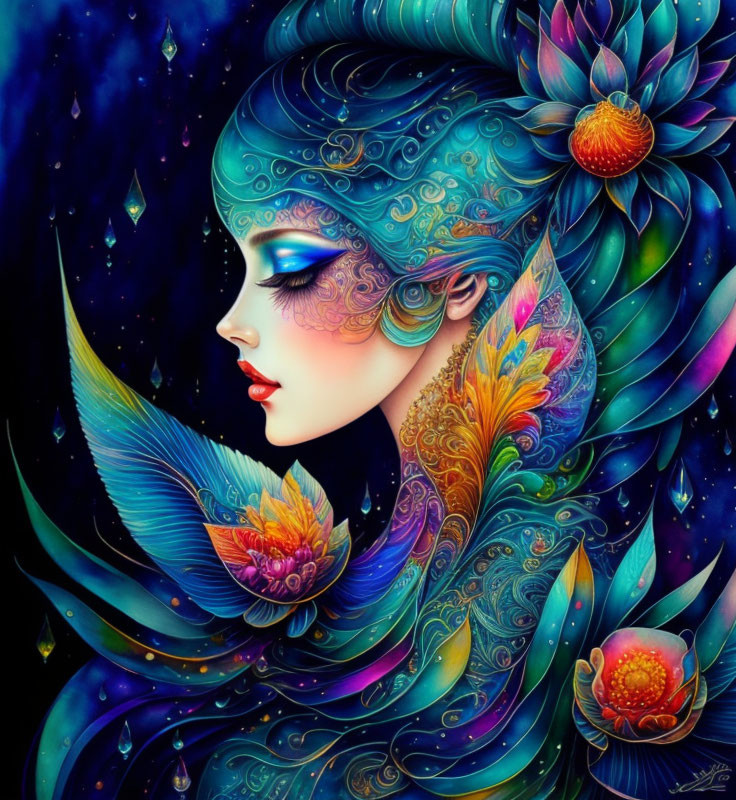 Colorful Woman Illustration with Bird-like Feathers on Starry Background