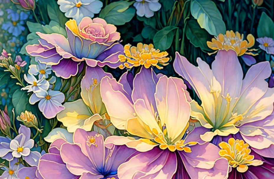 Colorful Floral Illustration in Purple, Yellow, and Pink Tones