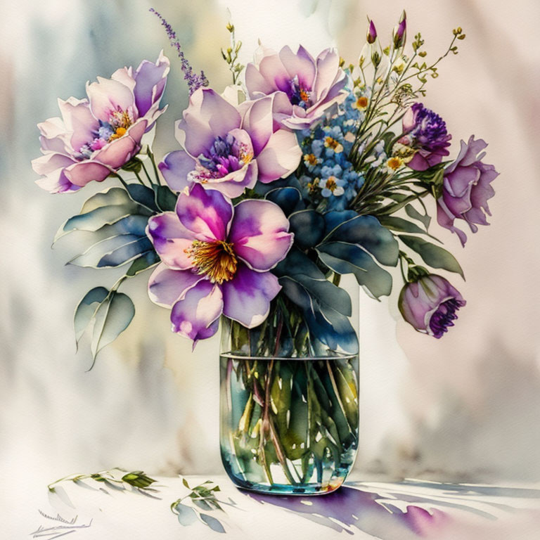 Purple and Pink Flowers in Glass Vase Watercolor Painting