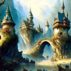 Fantastical castle with spires on rocky outcrop, waterfalls, lush greenery, bird