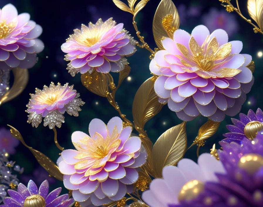 Stylized pink and purple flowers with golden leaves on dark background