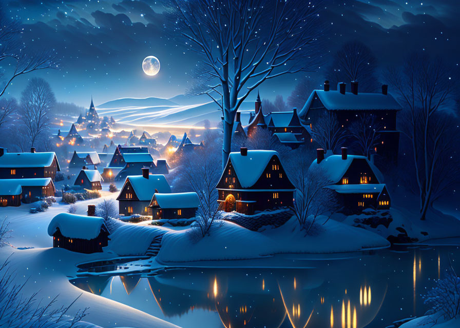 Snow-covered houses under full moon by tranquil river