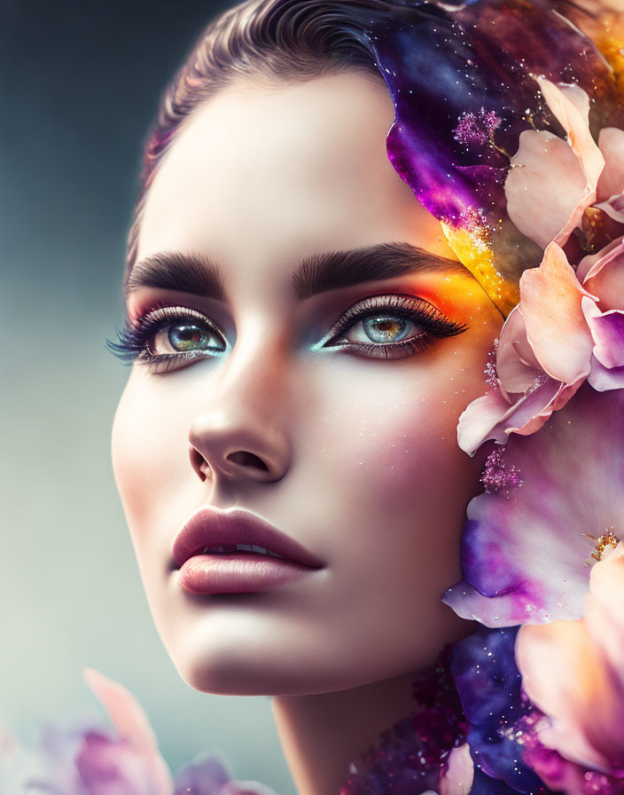 Digital portrait: Woman with galaxy makeup and floral elements on cosmic backdrop