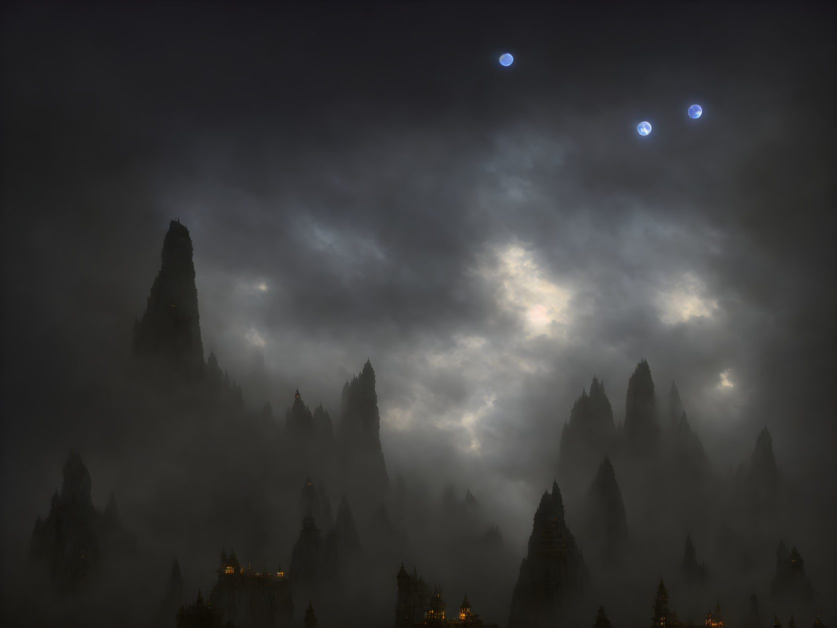 Mystical night landscape with towering spires, fog, and glowing orbs