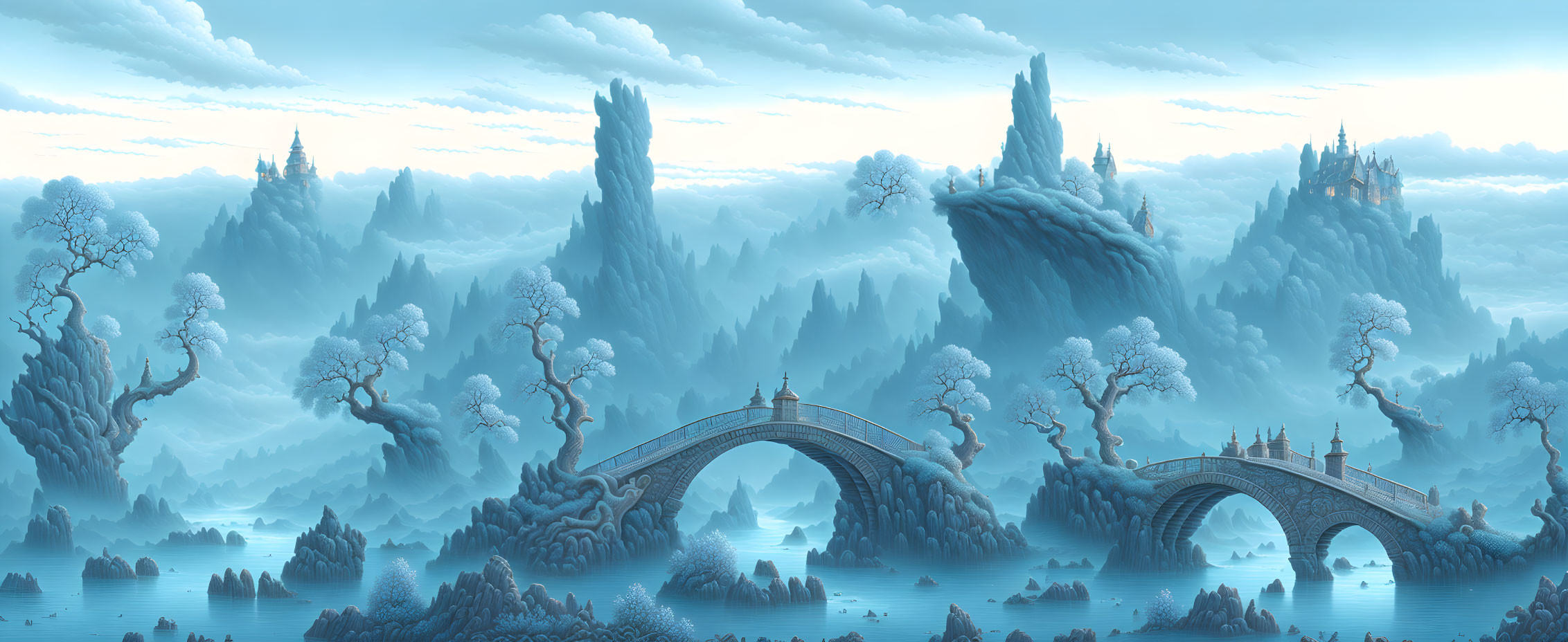 Panoramic fantasy landscape with snowy mountains, misty forests, stone bridge, and distant castle