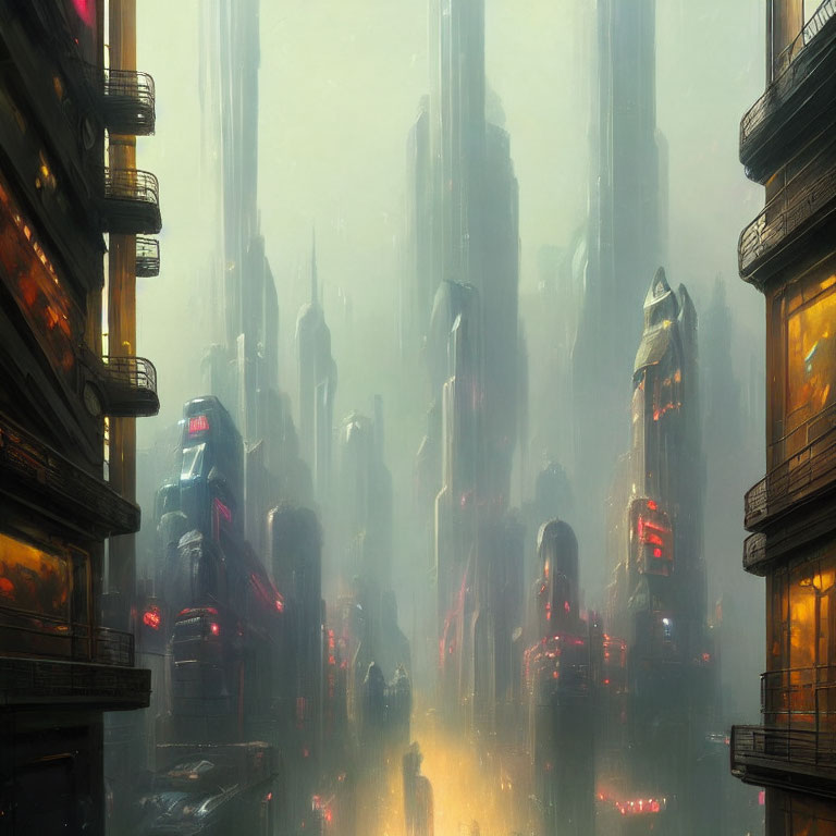 Futuristic cityscape with misty skyscrapers and warm lights