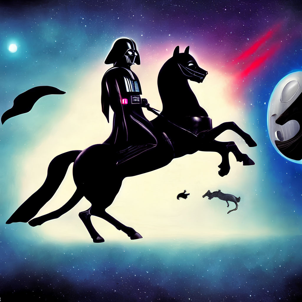 Silhouette of person in Darth Vader costume riding horse in cosmic scene