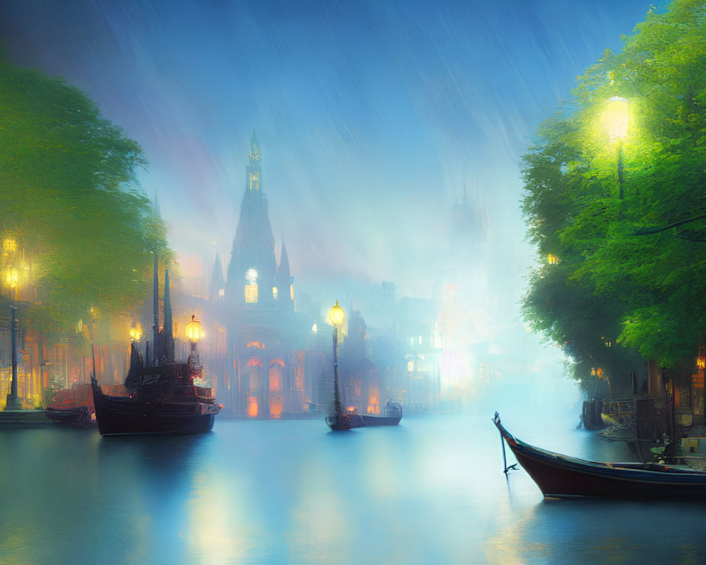 Twilight canal scene with glowing lamps, moored boats, and distant cathedral silhouette.