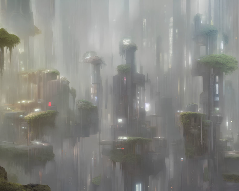 Futuristic cityscape with towering structures and greenery in misty ambiance