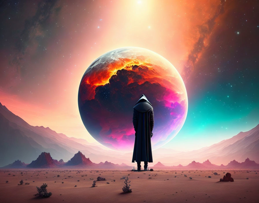 Cloaked figure in desert with mountains and surreal sky facing large rising planet