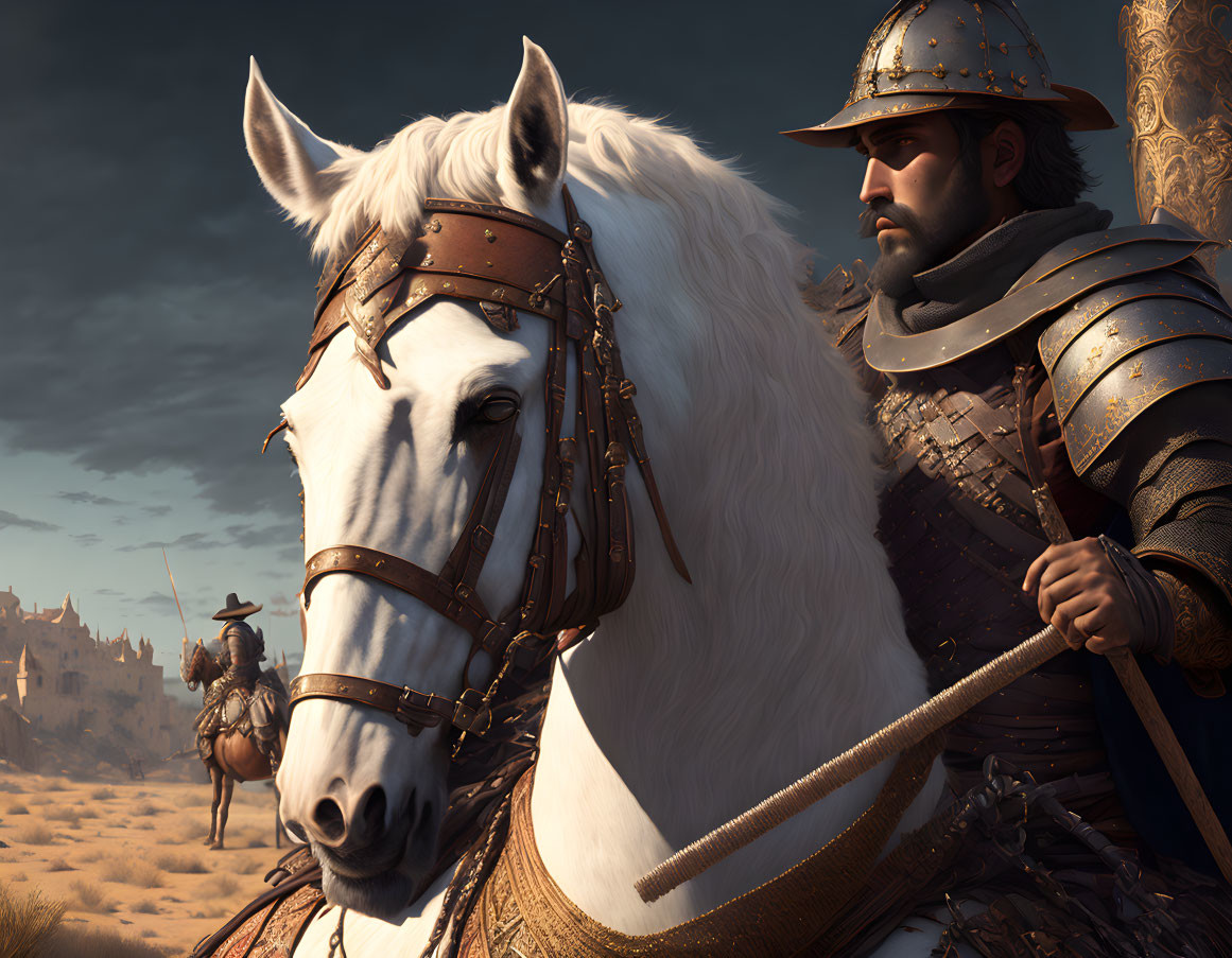 Knight in armor on white horse with sword, desert castle landscape