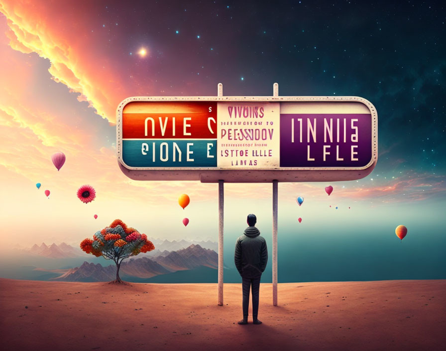 Surreal desert landscape with large road sign and colorful balloons