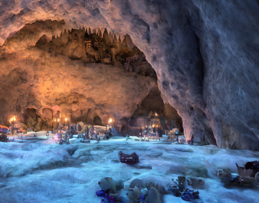 Vibrant Ice Cave Village with Colorful Buildings and Lively Atmosphere