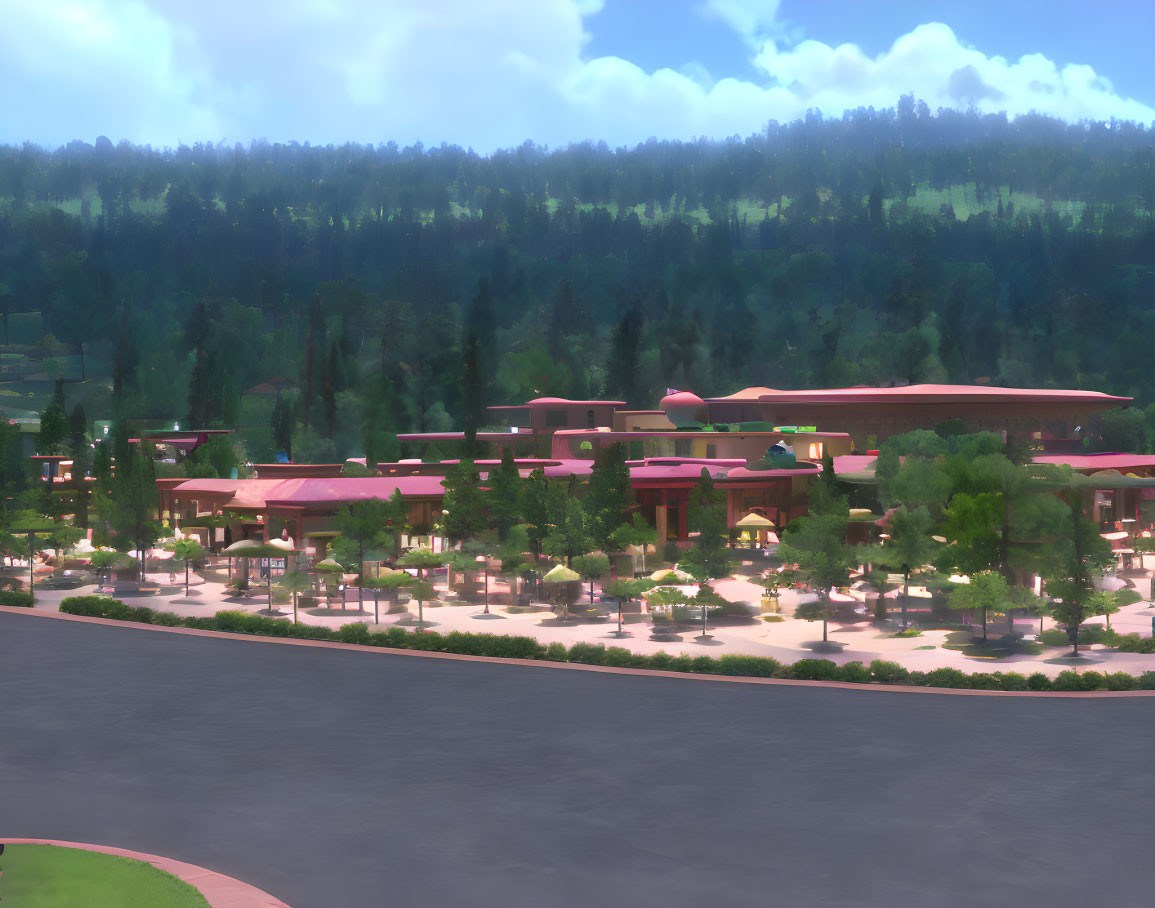 Tranquil 3D-rendered resort with pink-roofed buildings in lush green setting