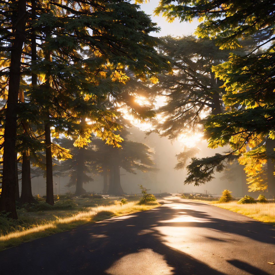 Forest road with sunlight filtering through towering trees