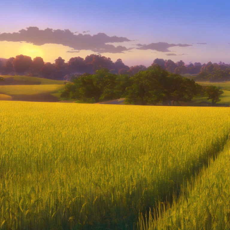 Tranquil Sunrise Scene: Golden Wheat Field and Lush Trees