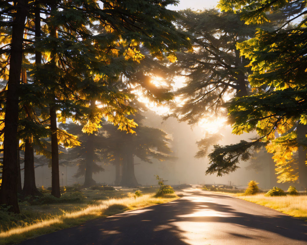 Forest road with sunlight filtering through towering trees