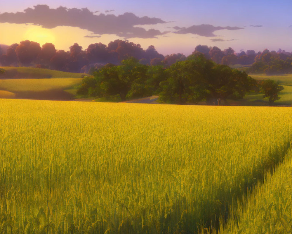 Tranquil Sunrise Scene: Golden Wheat Field and Lush Trees