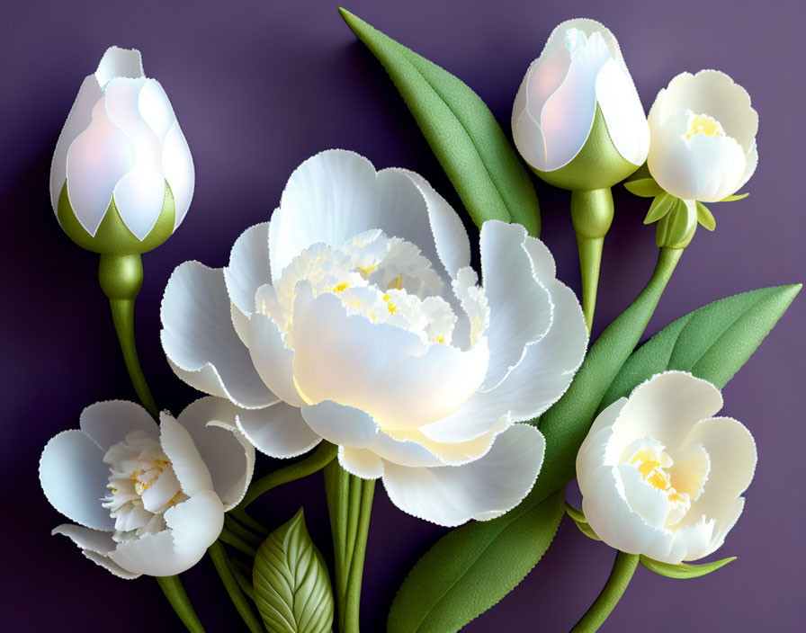 White Flowers and Green Leaves on Purple Background: Tulip-Like Bouquet Illustration