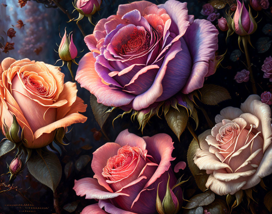 Detailed digital painting of lush purple-pink roses and dark leaves.