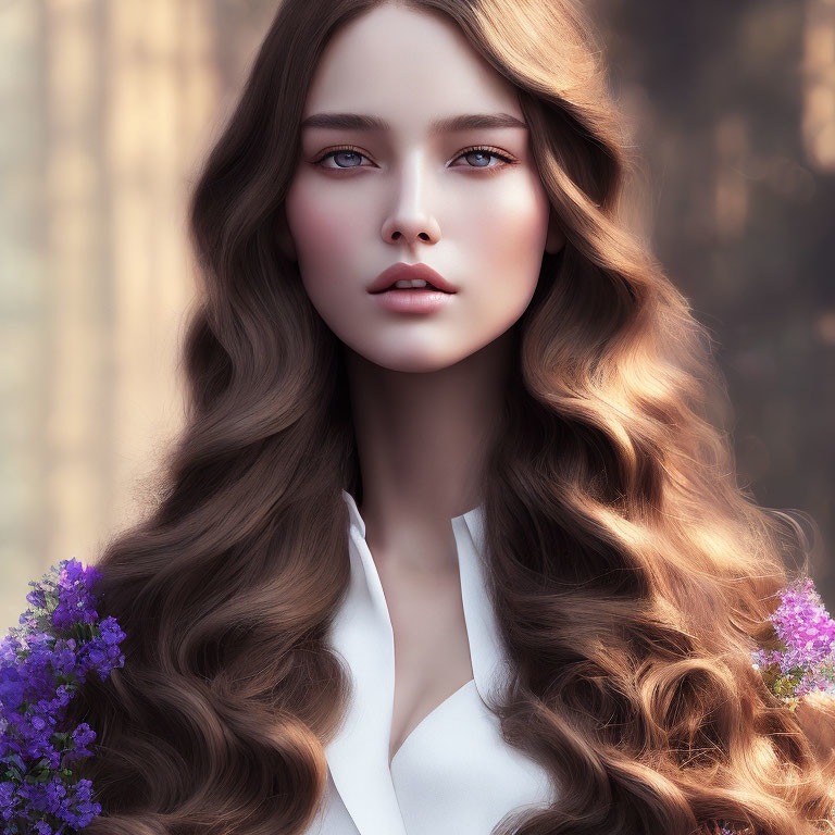 Portrait of woman with wavy brown hair and blue eyes against blurred natural background with purple flowers