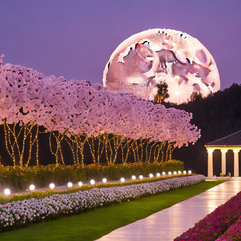 Pink Trees Alley at Night with Surreal Moon and Silhouette Scene