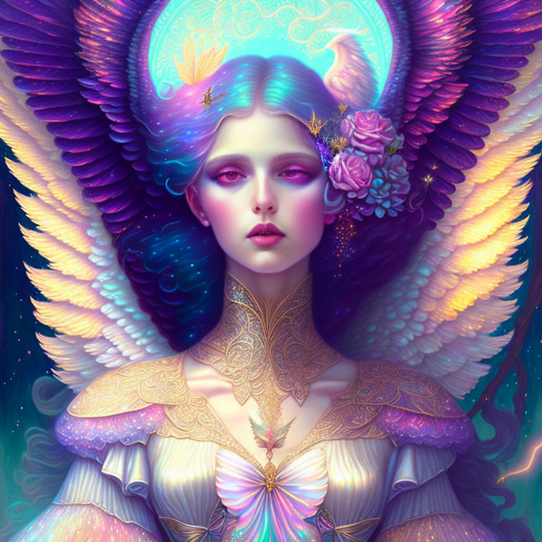 Colorful digital art portrait of a woman with angelic wings and gold patterns.