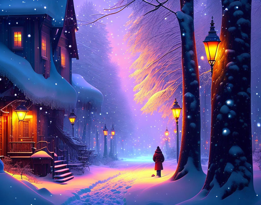 Snowy evening scene with glowing streetlamps, cozy house, and snow-covered trees under purple twilight