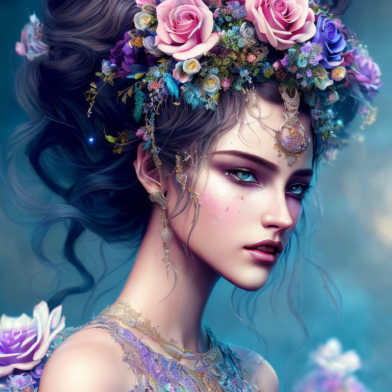 Fantasy maiden illustration with floral crown and jewelry in blue and purple hues