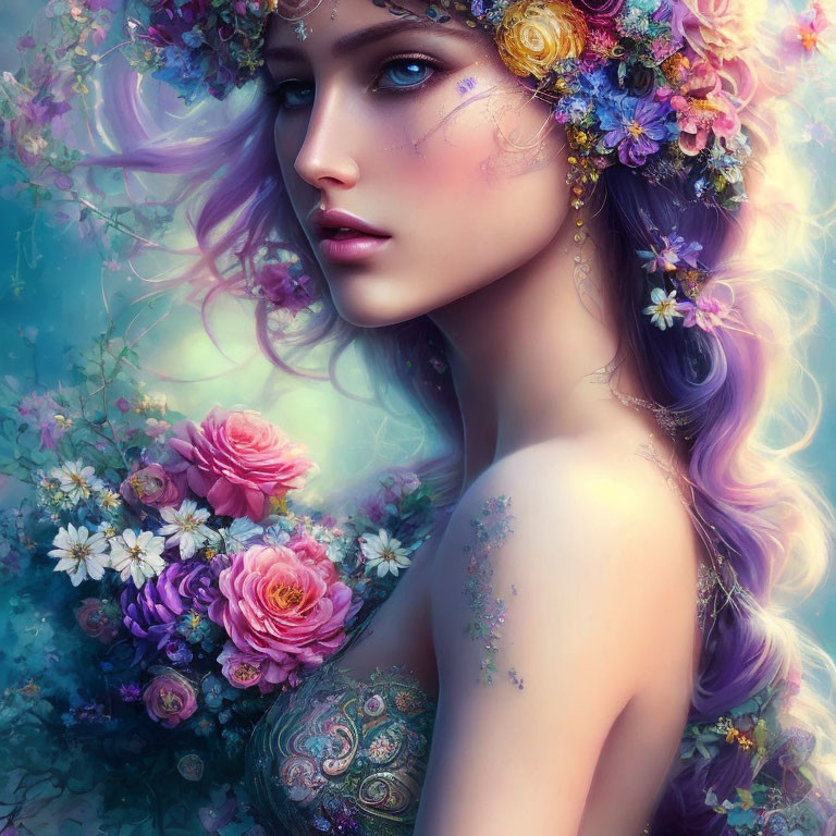 Purple-haired woman with floral wreath in fantasy setting surrounded by blossoms