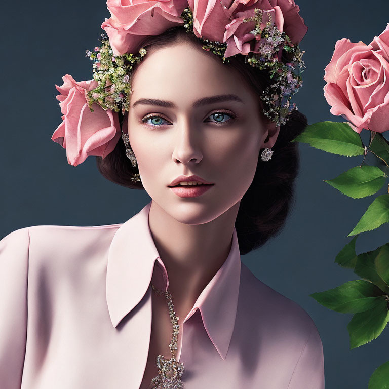 Woman with floral headpiece and blue eyes in pink blouse with diamond accessories, roses in background.