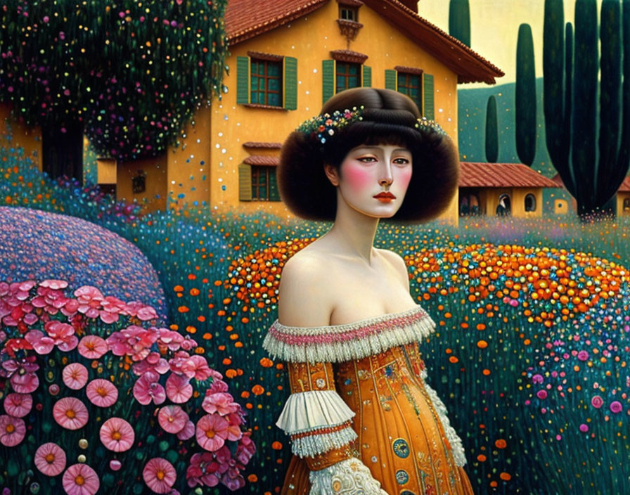 Illustration of woman in fur hat and ornate dress in vibrant, flower-filled landscape