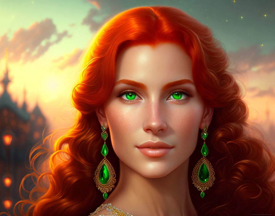 Digital portrait of woman with red hair and green eyes, wearing teardrop earrings, with fantasy castle