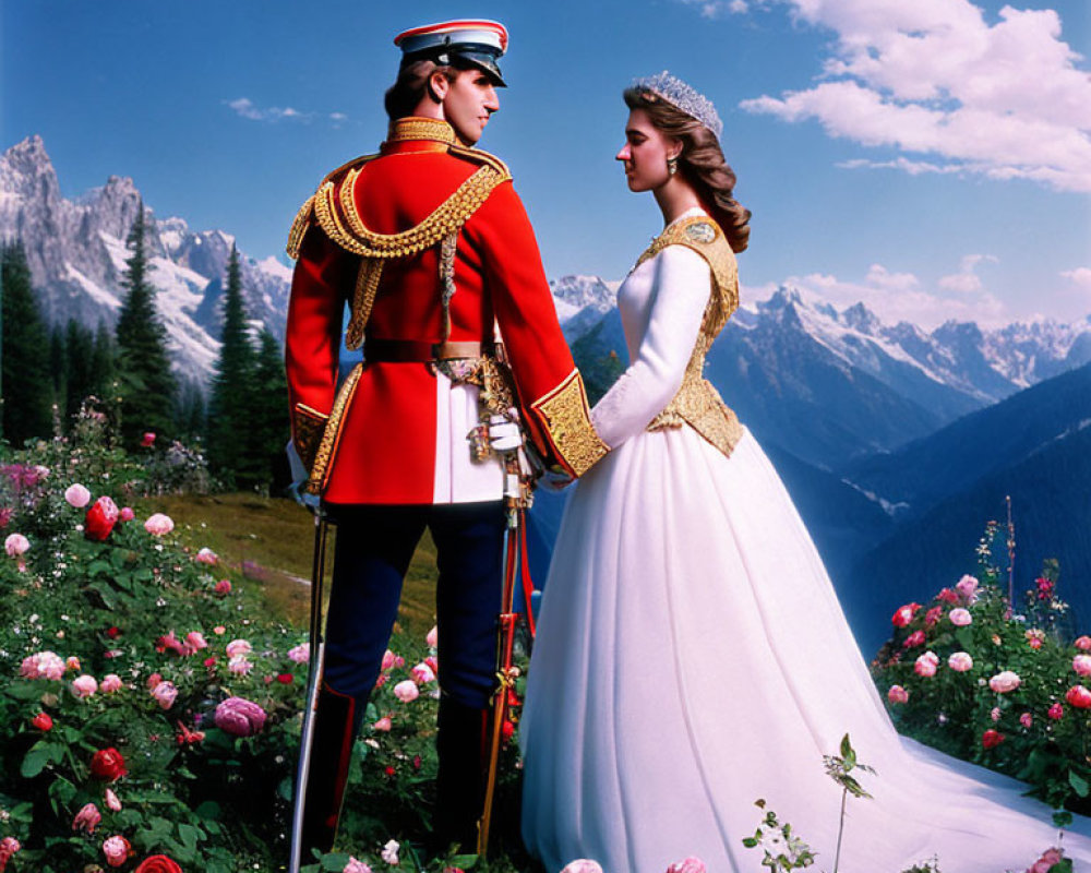 Military man and woman in ceremonial attire surrounded by roses and mountains