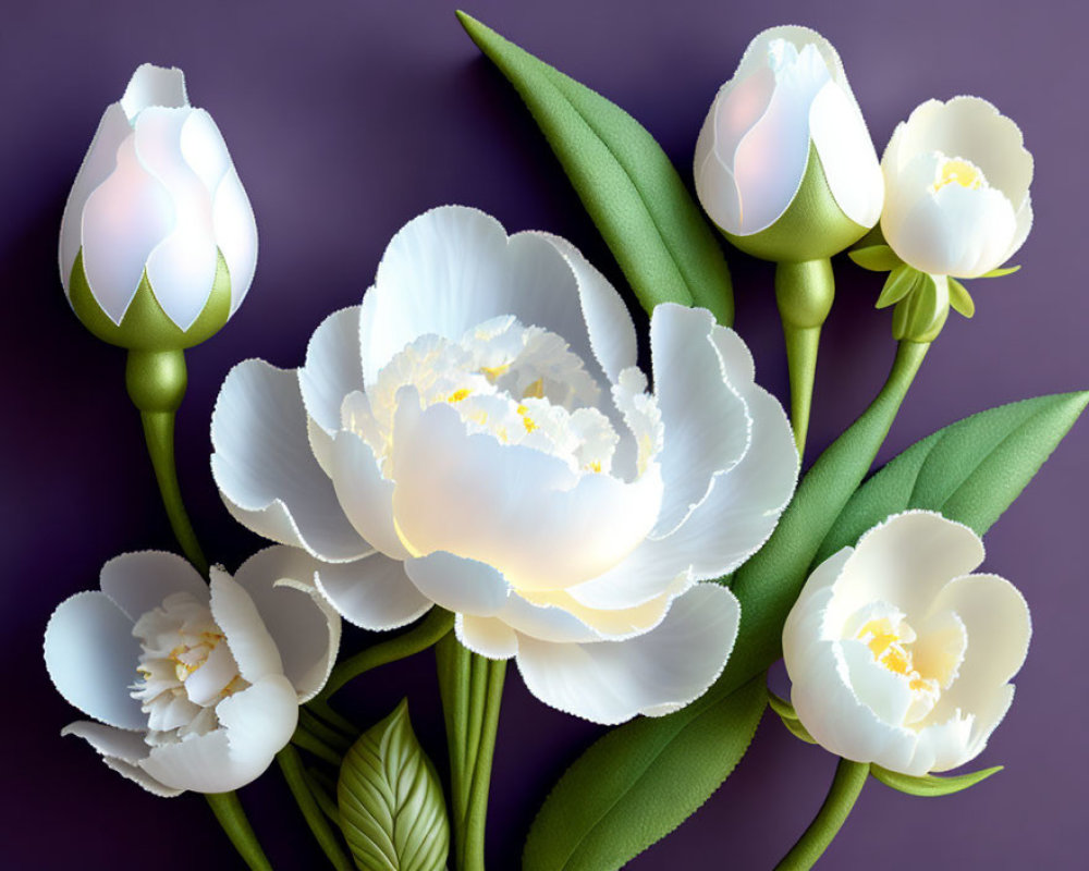 White Flowers and Green Leaves on Purple Background: Tulip-Like Bouquet Illustration