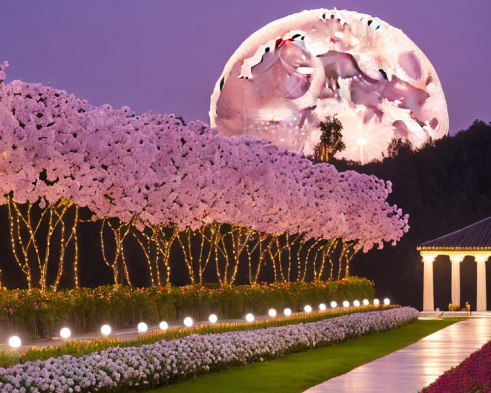 Pink Trees Alley at Night with Surreal Moon and Silhouette Scene