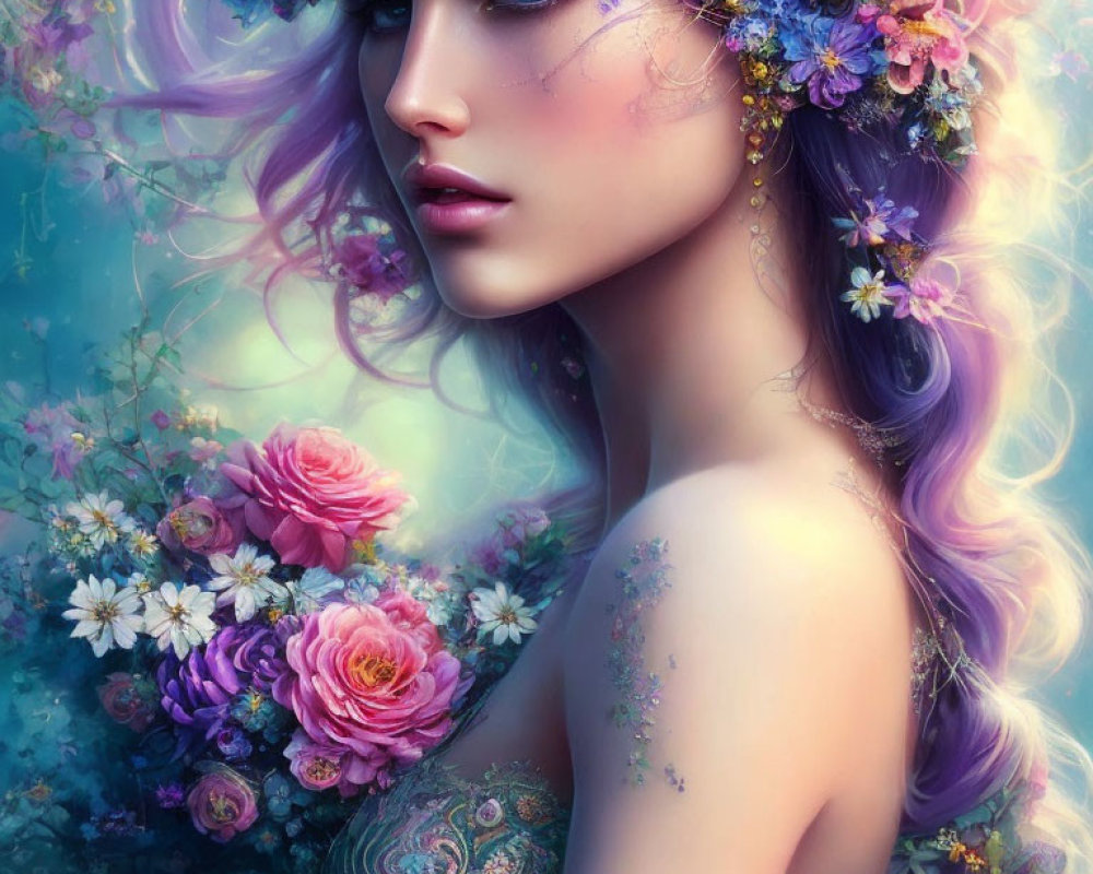 Purple-haired woman with floral wreath in fantasy setting surrounded by blossoms