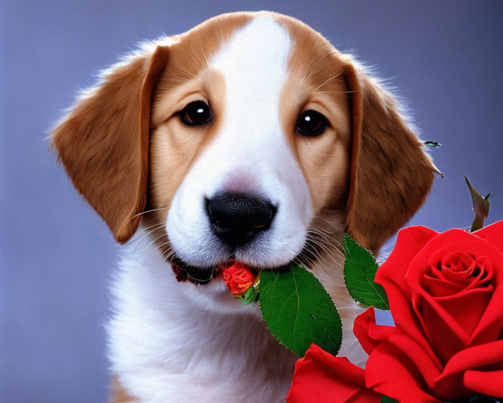 Beige and White Puppy Holding Red Rose on Grey Background