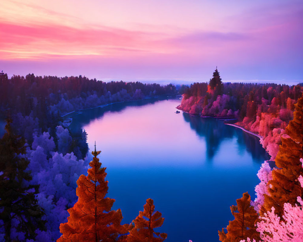 Colorful Foliage Surrounding Serene Lake at Dusk