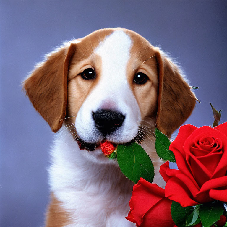 Beige and White Puppy Holding Red Rose on Grey Background