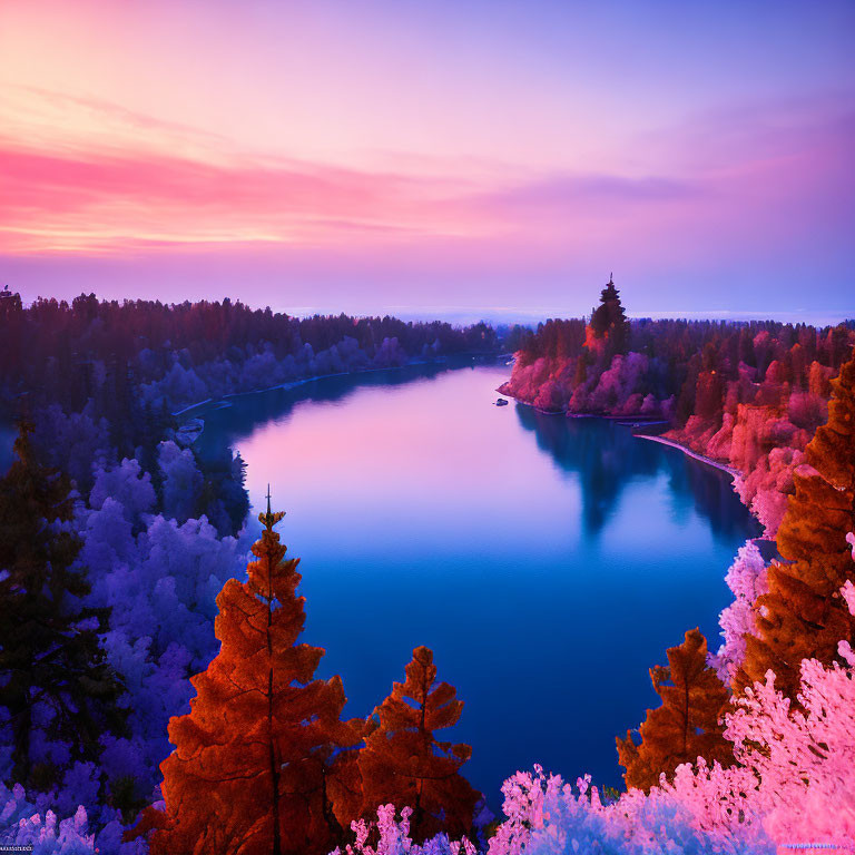 Colorful Foliage Surrounding Serene Lake at Dusk