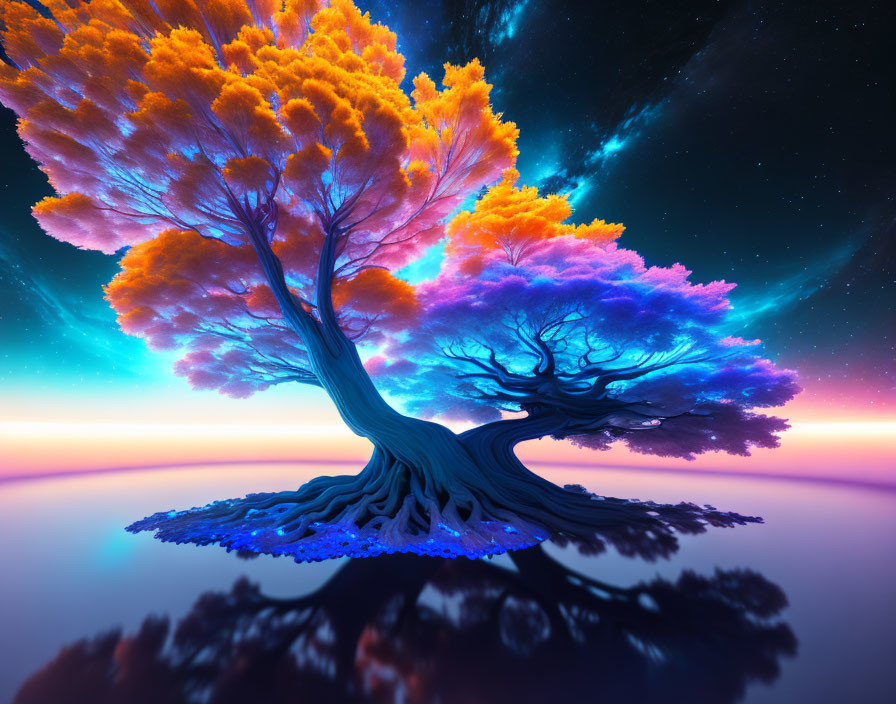 Colorful Tree on Island Against Starry Night Sky with Twilight Horizon Reflection