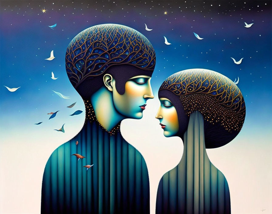 Surreal illustration of stylized figures with intricate patterns on heads against starry backdrop.