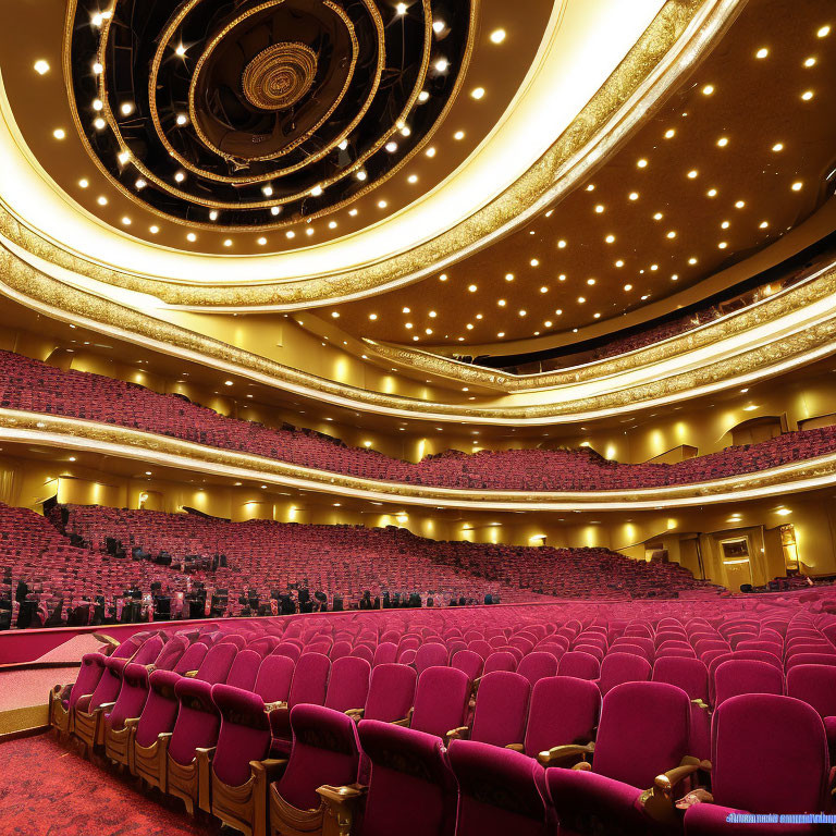 Luxurious Theater Interior with Red Seats and Golden Ornamental Lighting