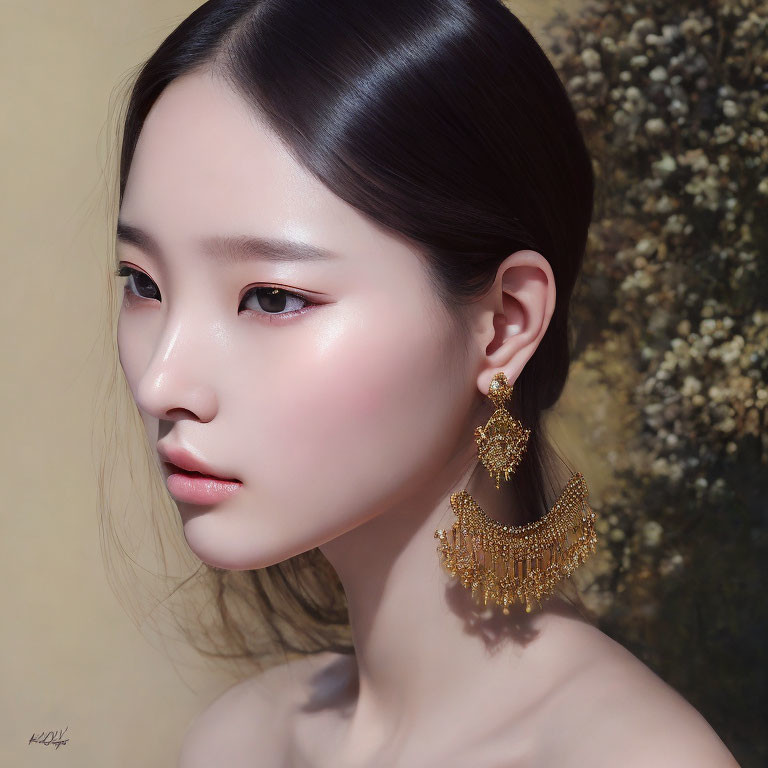 Portrait of a woman with smooth skin and dark hair wearing large gold chandelier earrings against a blurred floral