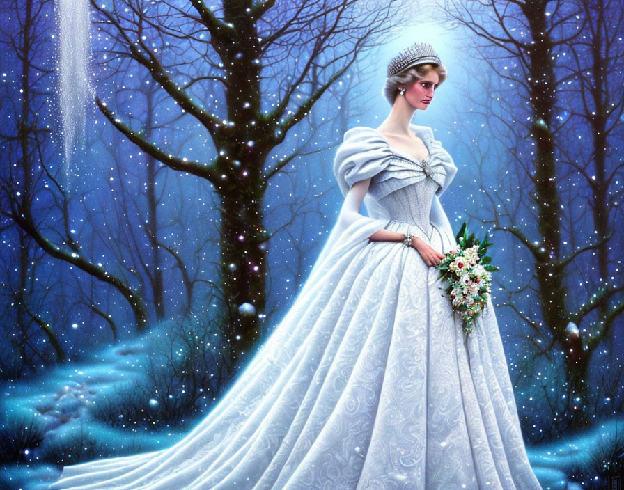 Elegant woman in white gown in mystical blue forest