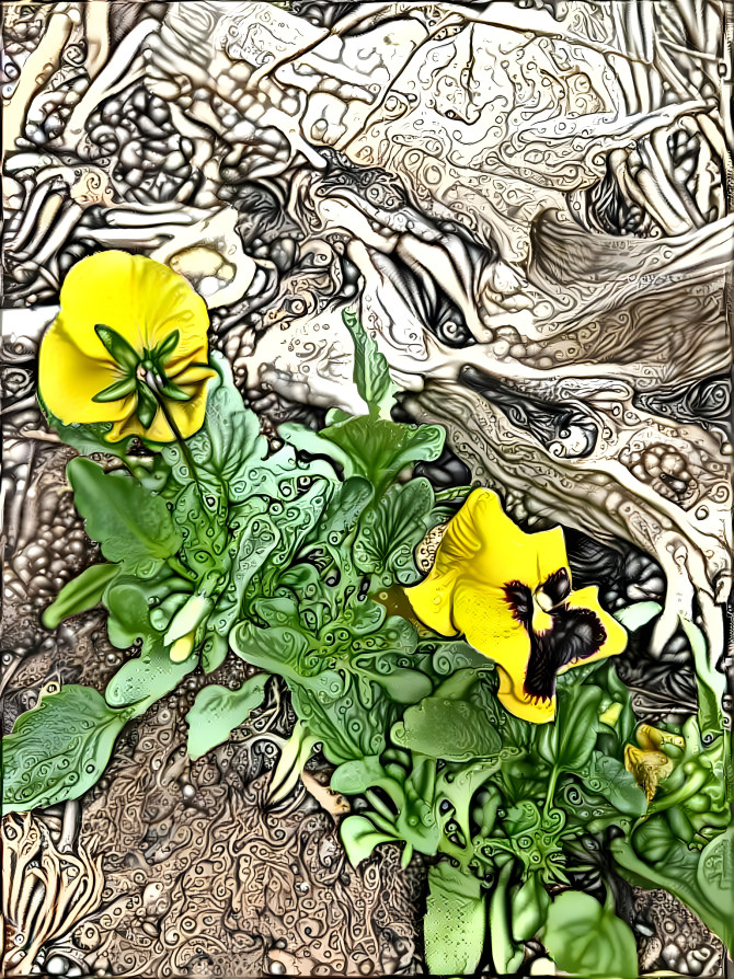 Two Pansies and Driftwood